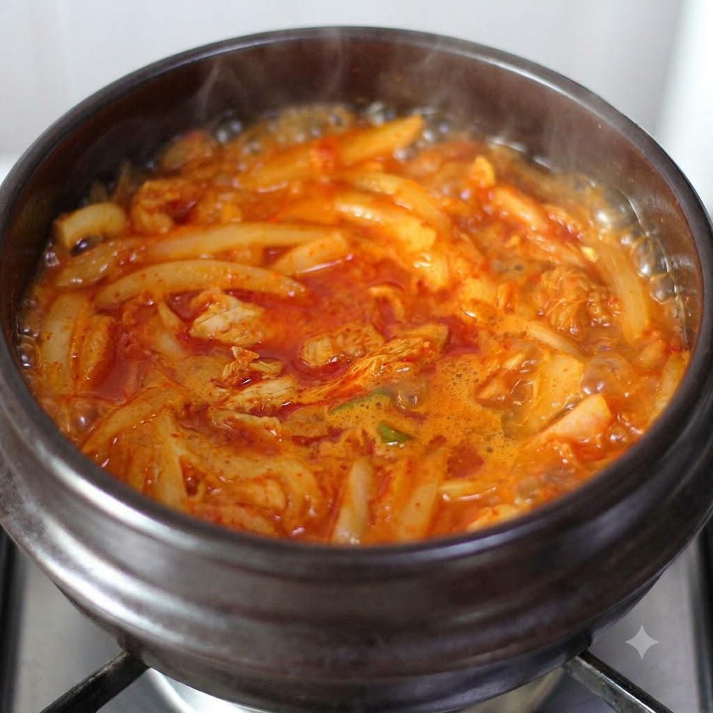 뚝배기 안에서 김이 모락모락 피어오르는 붉은 국물과 두부의 모습