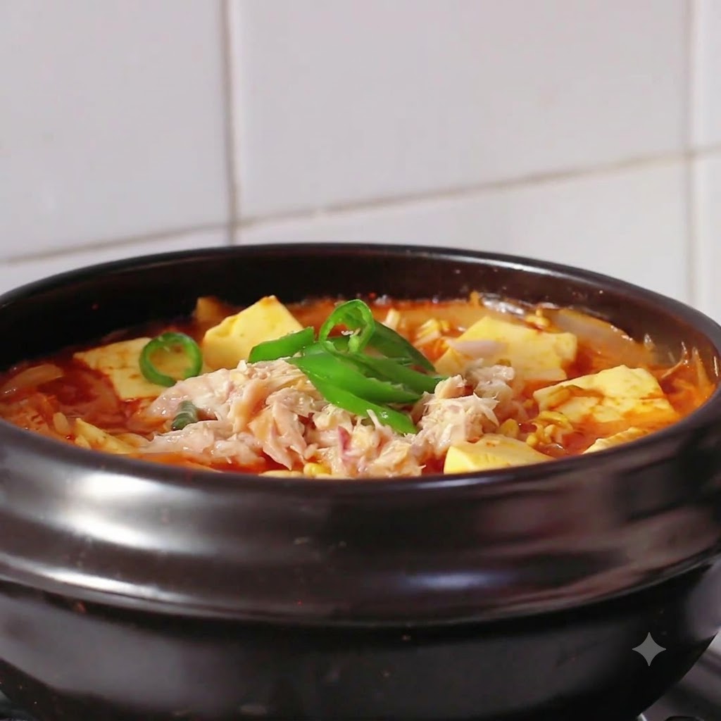 청홍고추 송송 썬 것과 하얀 참깨가 고명으로 올라간 따뜻한 김치 참치 두부찌개 그릇