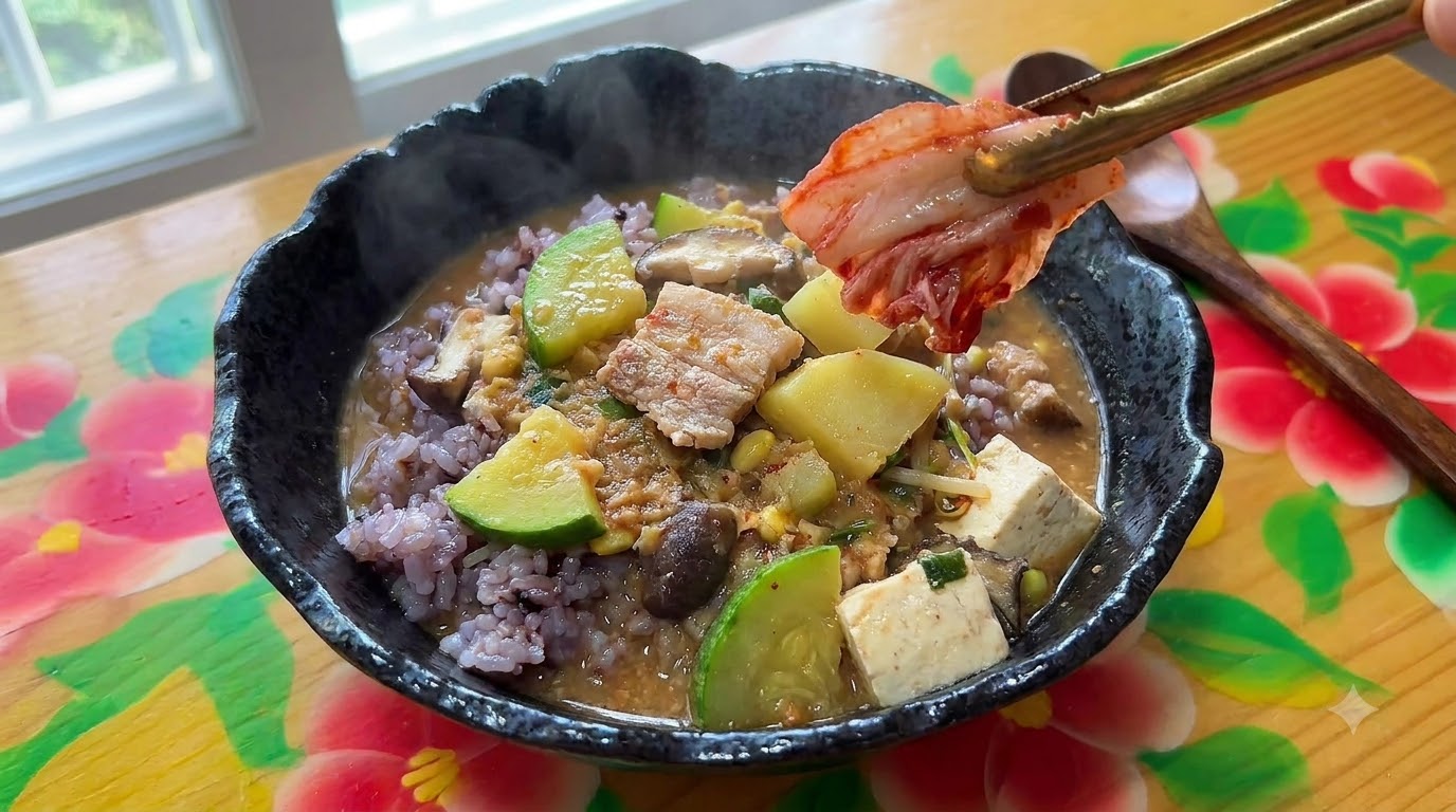 따뜻한 밥과 신선한 김치를 곁들인 구수한 된장찌개 한 상.