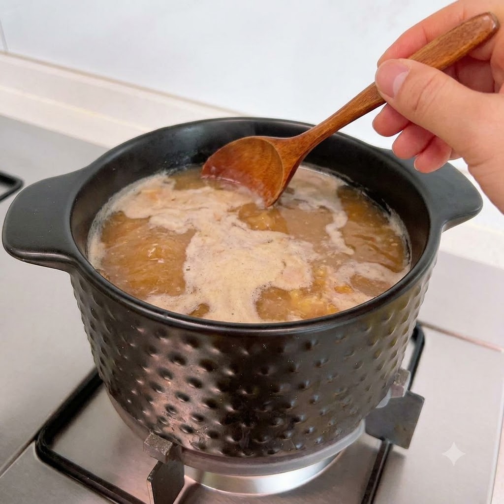 나무 숟가락으로 끓고 있는 찌개 표면의 거품을 걷어내는 모습.