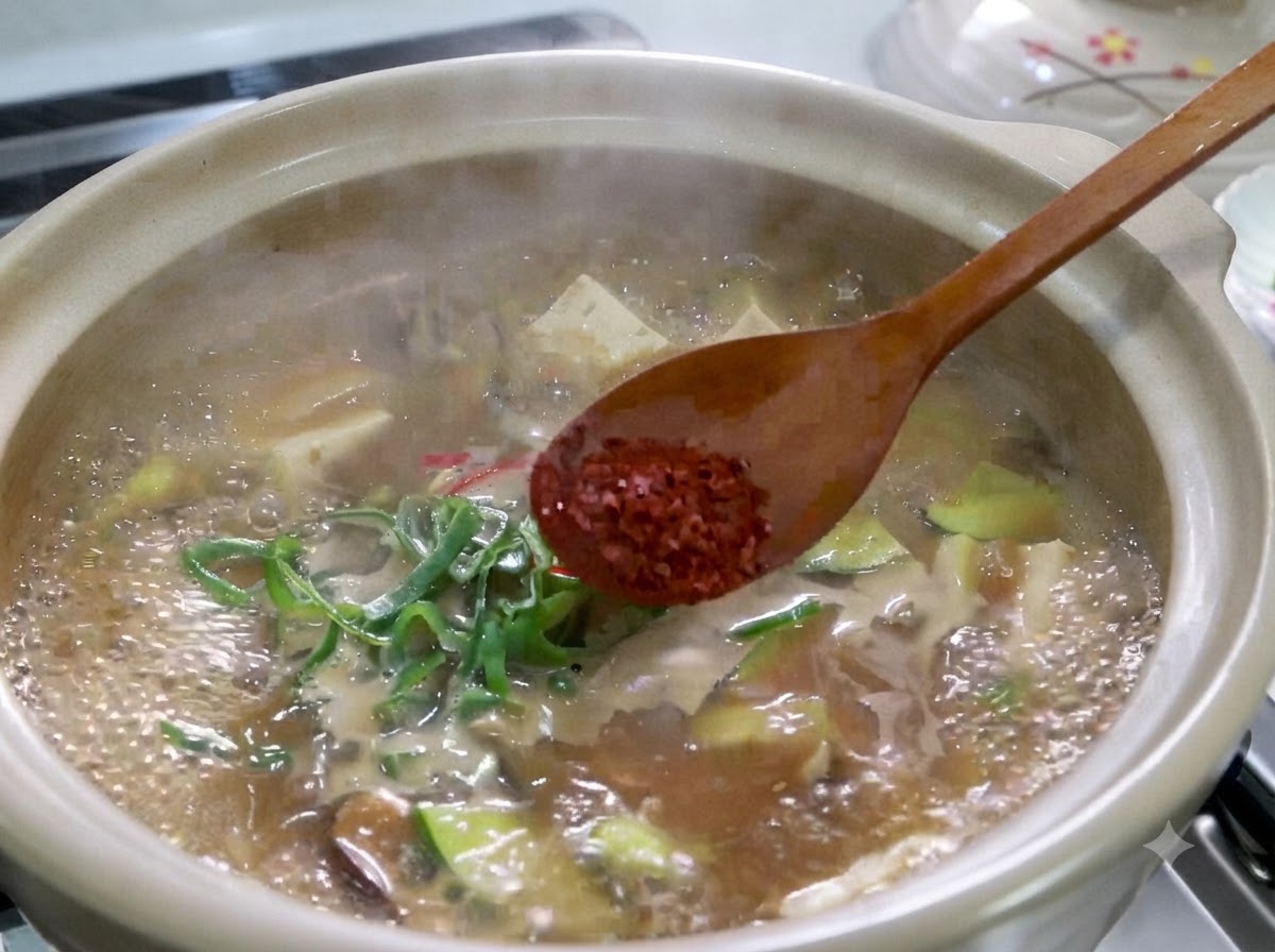 끓고 있는 한국식 된장찌개 위로 빨간 고춧가루를 든 숟가락의 모습.