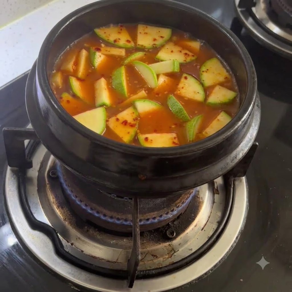 가스레인지 위 매콤한 육수 냄비 안에서 끓고 있는 양파 조각들.