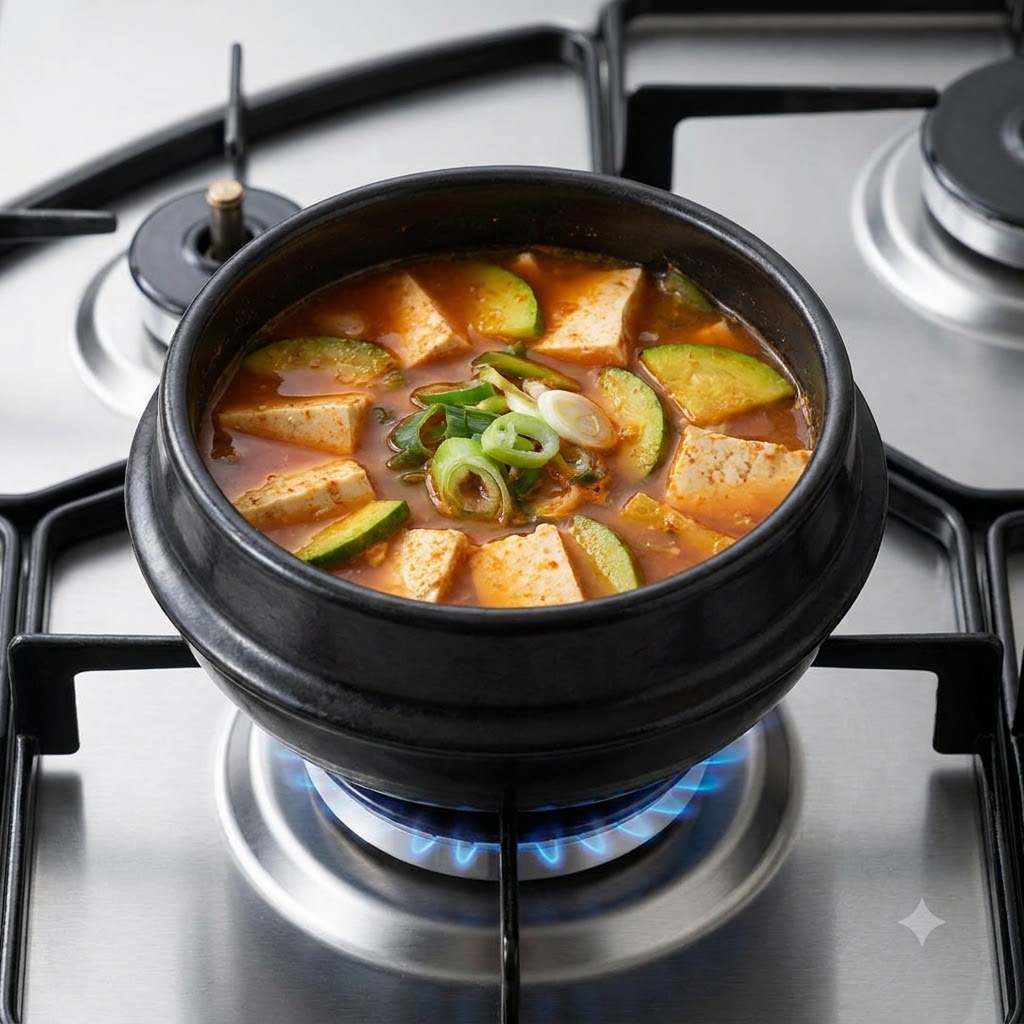 애호박, 두부, 그리고 다진 파와 고추가 가운데에 모여 있는 찌개 냄비의 근접 샷.