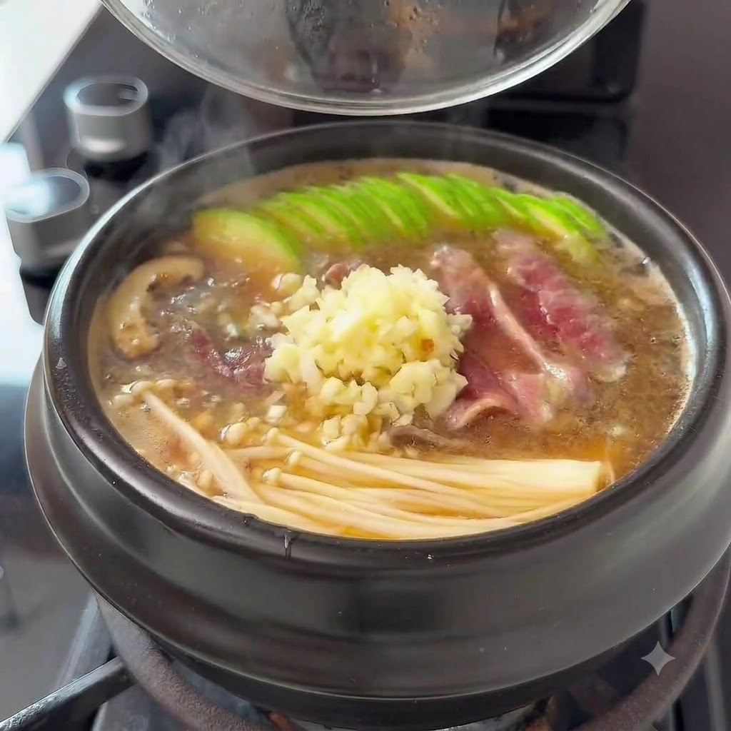 보글보글 끓는 찌개에 다진 마늘, 고춧가루, 다시다를 넣는 모습.