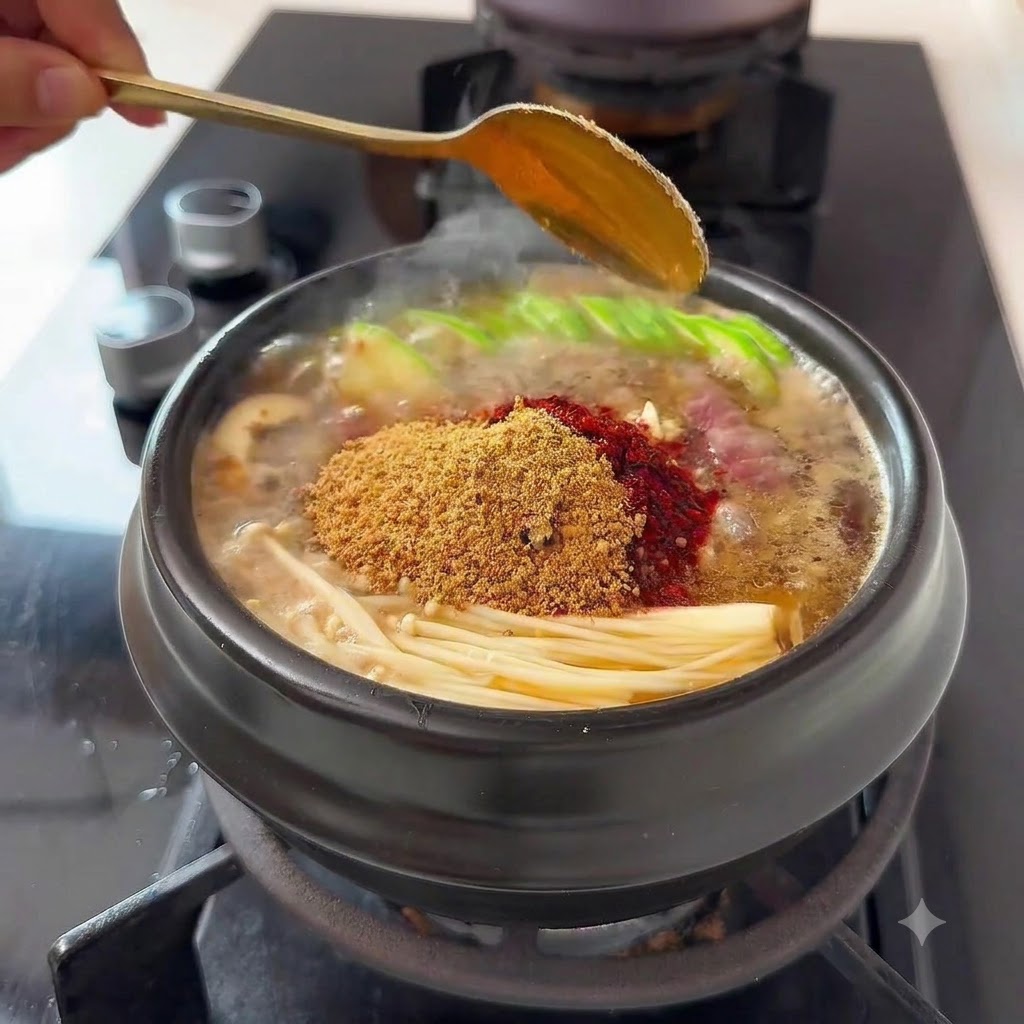 송송 썬 청양고추와 홍고추를 끓고 있는 찌개 위에 올리는 모습.