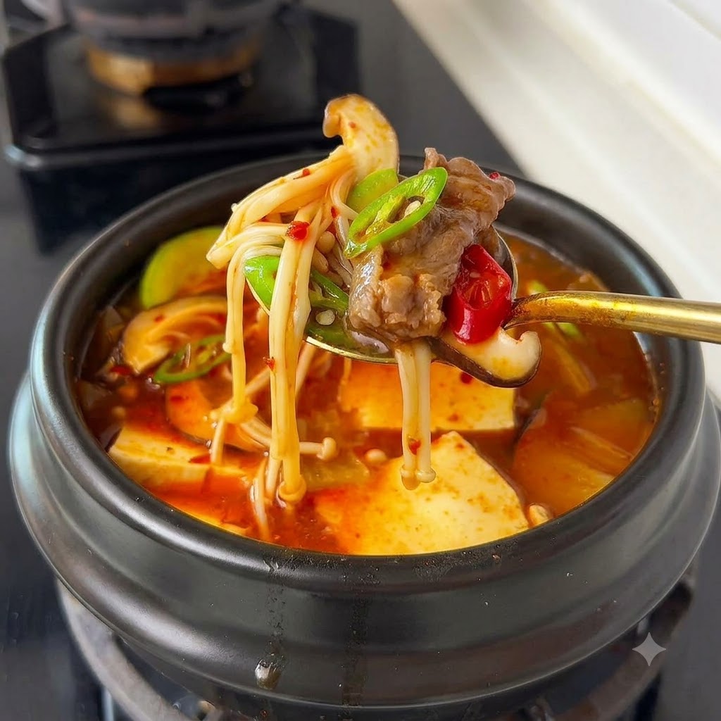 버섯과 소고기가 가득한 뚝배기 찌개를 국자와 젓가락으로 가볍게 젓는 모습.