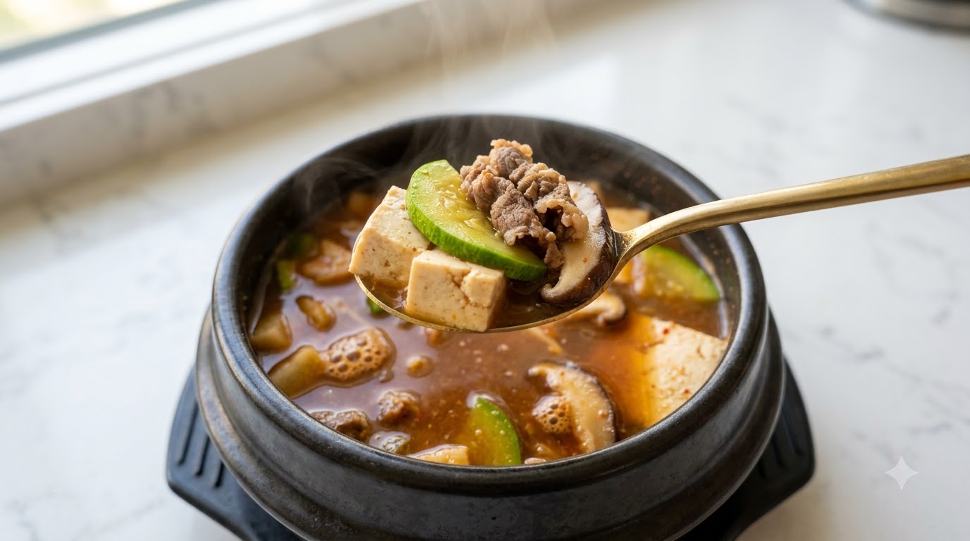 부드러운 두부와 호박, 고소한 소고기가 푸짐하게 담긴 따뜻한 된장찌개 한 숟가락.