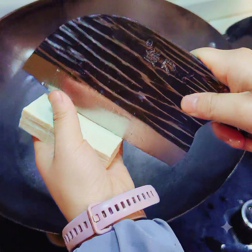 한 손으로 하얀 두부 모를 잡고 칼로 썰어 웍 속 끓는 국물 위로 바로 떨어뜨리는 모습.