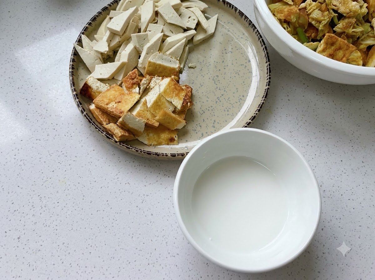 조리대 위에 썬 일반 두부, 유부, 피단, 허브, 그리고 물녹말 그릇이 담긴 접시들.