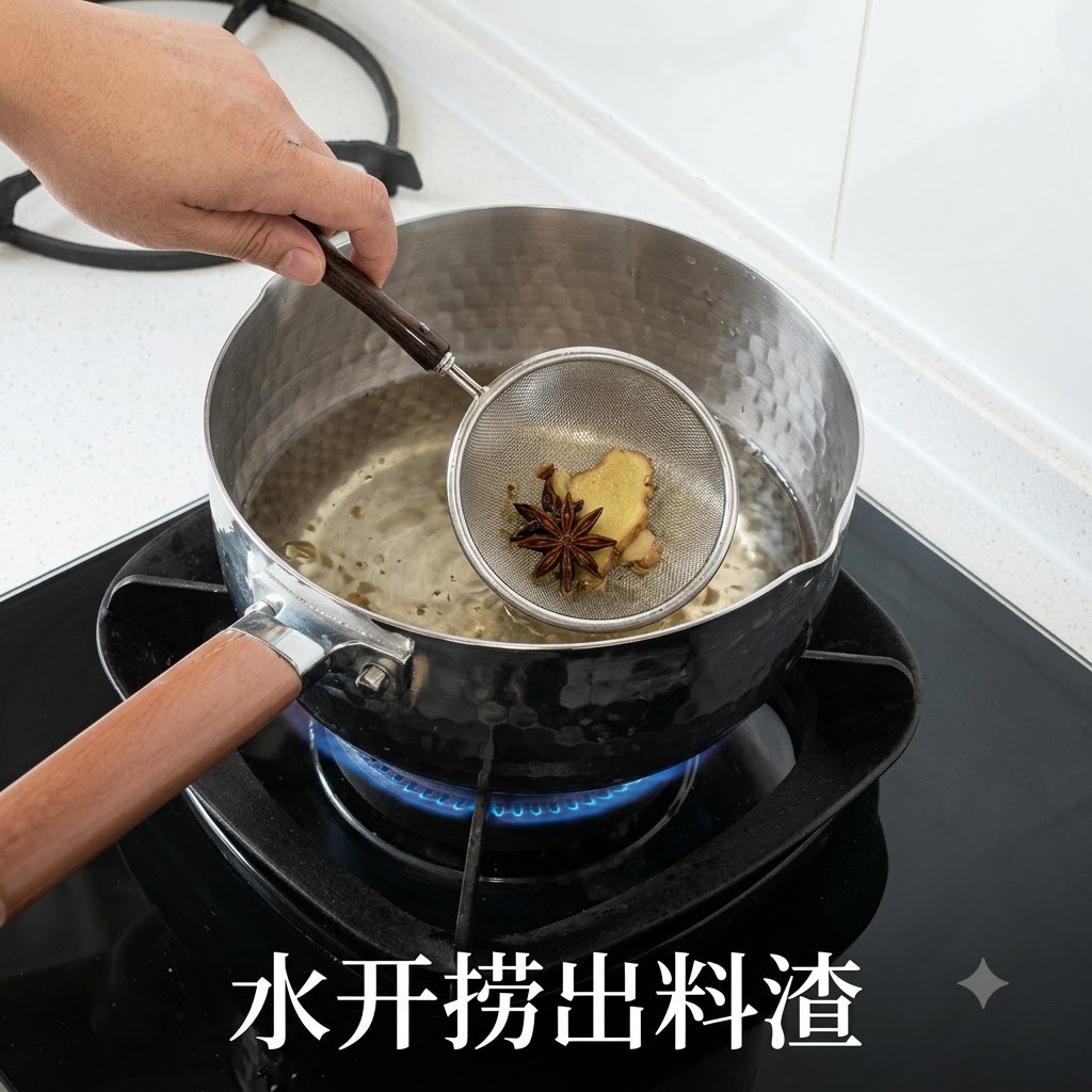 끓는 물 냄비 위에서 철망 채로 팔각과 생강을 건져내는 손.