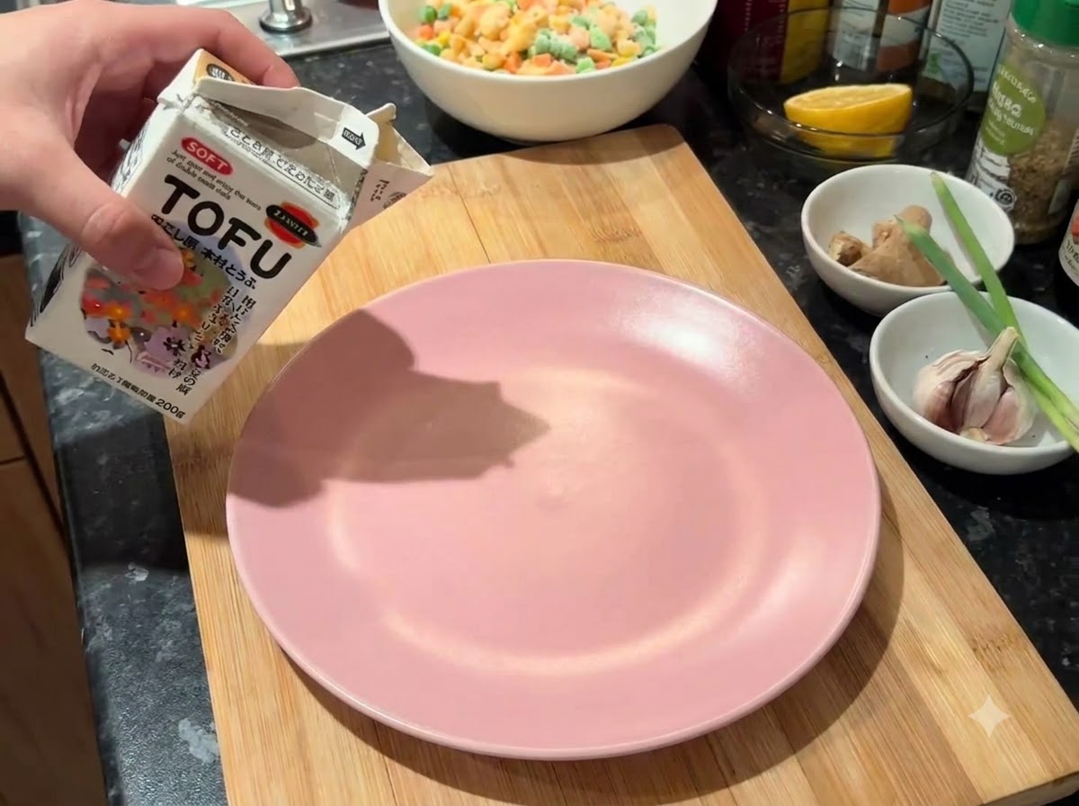 나무 도마 위의 분홍색 접시에 연두부 포장팩을 비워내는 모습.