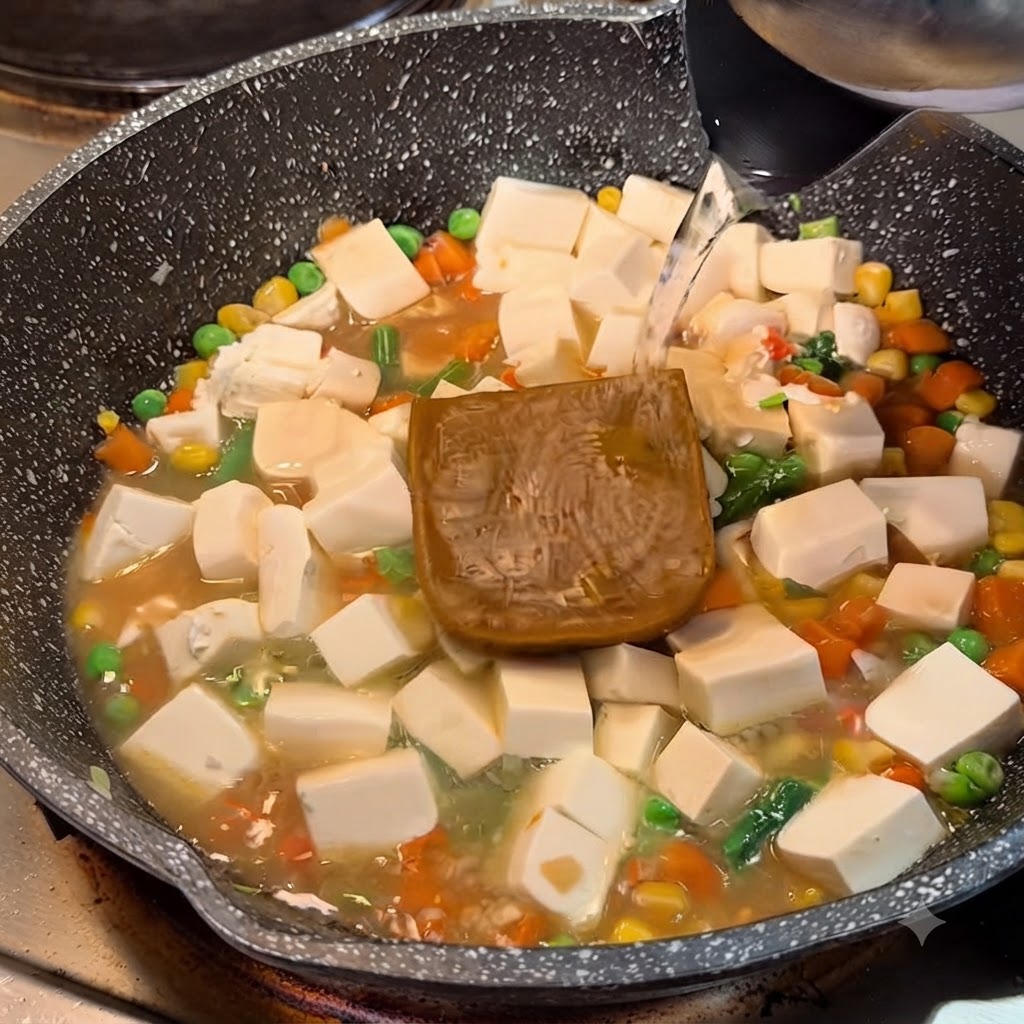 주전자에서 두부, 야채, 카레 루 조각이 있는 팬으로 뜨거운 물이 부어지는 모습.