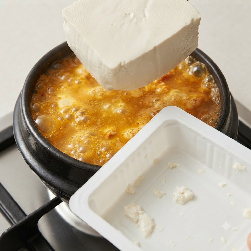 포장 용기 옆에서 순두부 한 블록이 끓는 찌개 속으로 들어가는 모습.