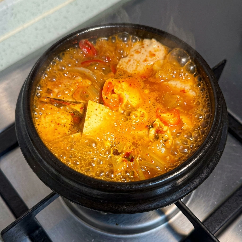 스토브 버너 위에서 보글보글 끓고 있는 매콤한 찌개의 클로즈업 뷰.