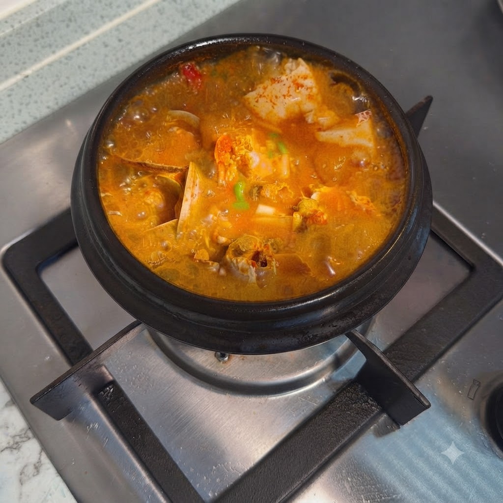 돌솥에 담겨 썬 대파가 고명으로 올라간 완성된 한국식 순두부찌개.