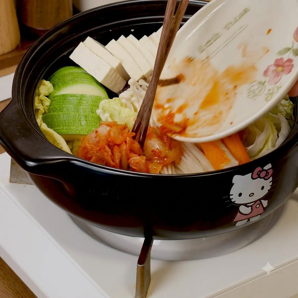 젓가락을 이용해 애호박, 두부, 팽이버섯, 맛살이 담긴 냄비 속으로 썬 김치를 밀어 넣는 모습.