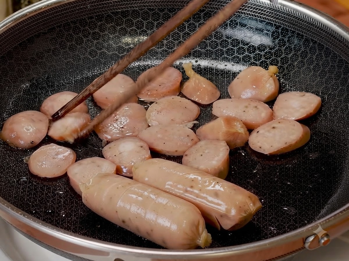 벌집 무늬 팬에서 젓가락으로 뒤집으며 칼집 낸 소시지와 썬 소시지를 노릇하게 굽고 있는 모습.
