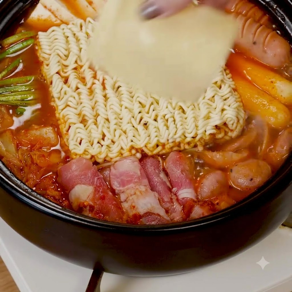 붉은 국물 위로 인스턴트 라면 사리와 치즈 한 조각이 올려지는 모습.