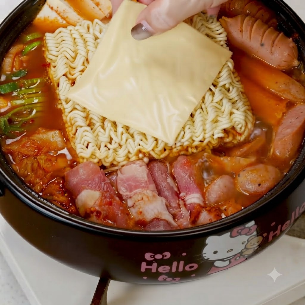 냄비 속 라면과 치즈 위로 날계란이 깨어져 떨어지는 모습.