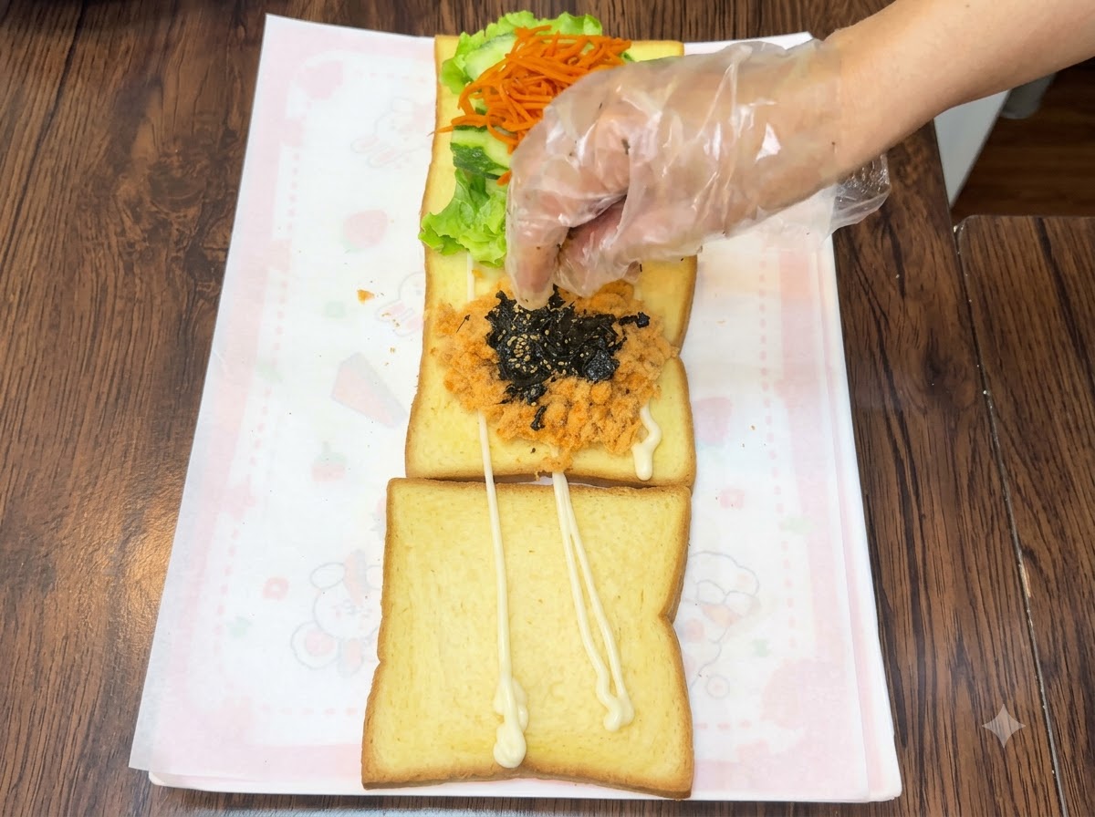 식빵 위 고기 퓌레 층에 검은색 구운 김가루와 참깨를 손으로 뿌리는 모습.