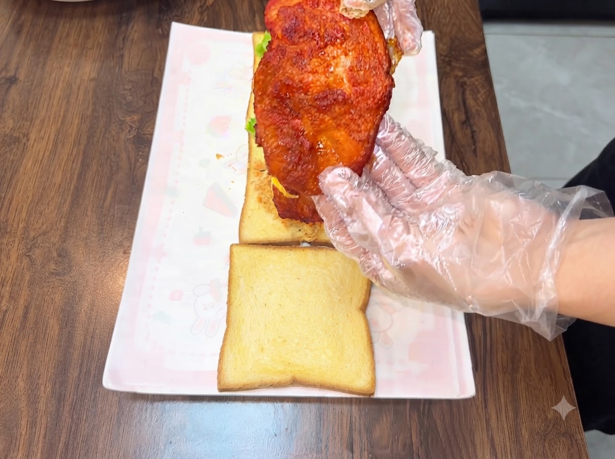 장갑을 낀 손이 샌드위치 층 위에 두 번째 치킨 커틀릿을 들어 올려 배치하는 모습.