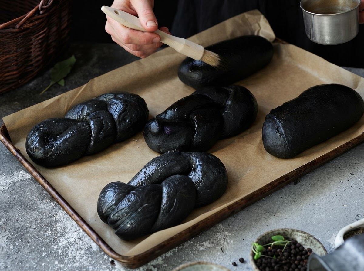 유산지를 깐 베이킹 시트 위에 놓인 검은색 땋은 빵 반죽에 나무 페이스트리 브러시로 계란물을 바르는 모습.