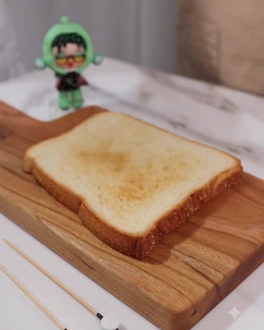 노릇하게 구운 식빵 한 조각 위에 신선한 청상추 잎을 가지런히 올린 모습.