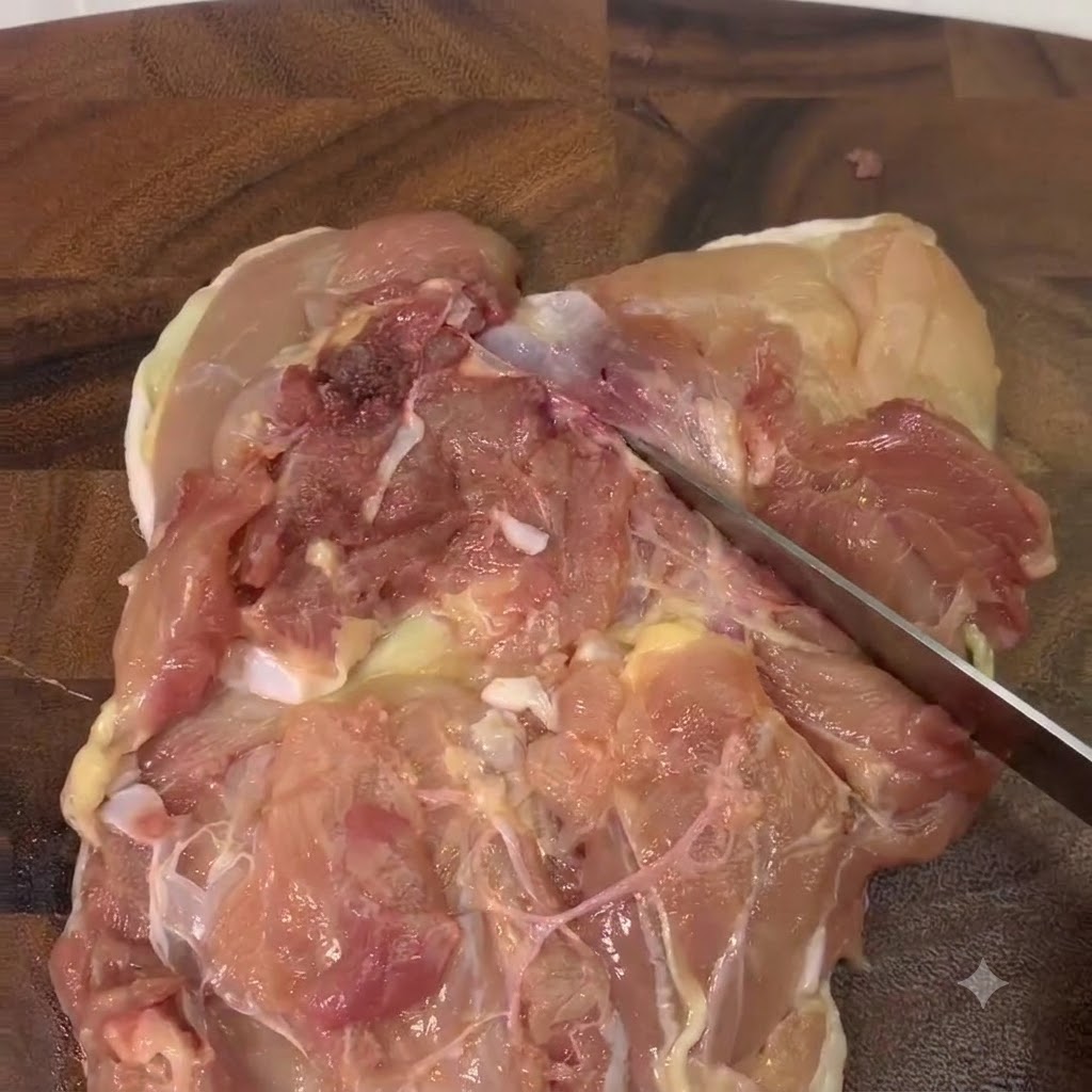 나무 도마 위에서 칼로 뼈를 발라낸 닭다리살에 칼집을 내는 클로즈업 샷