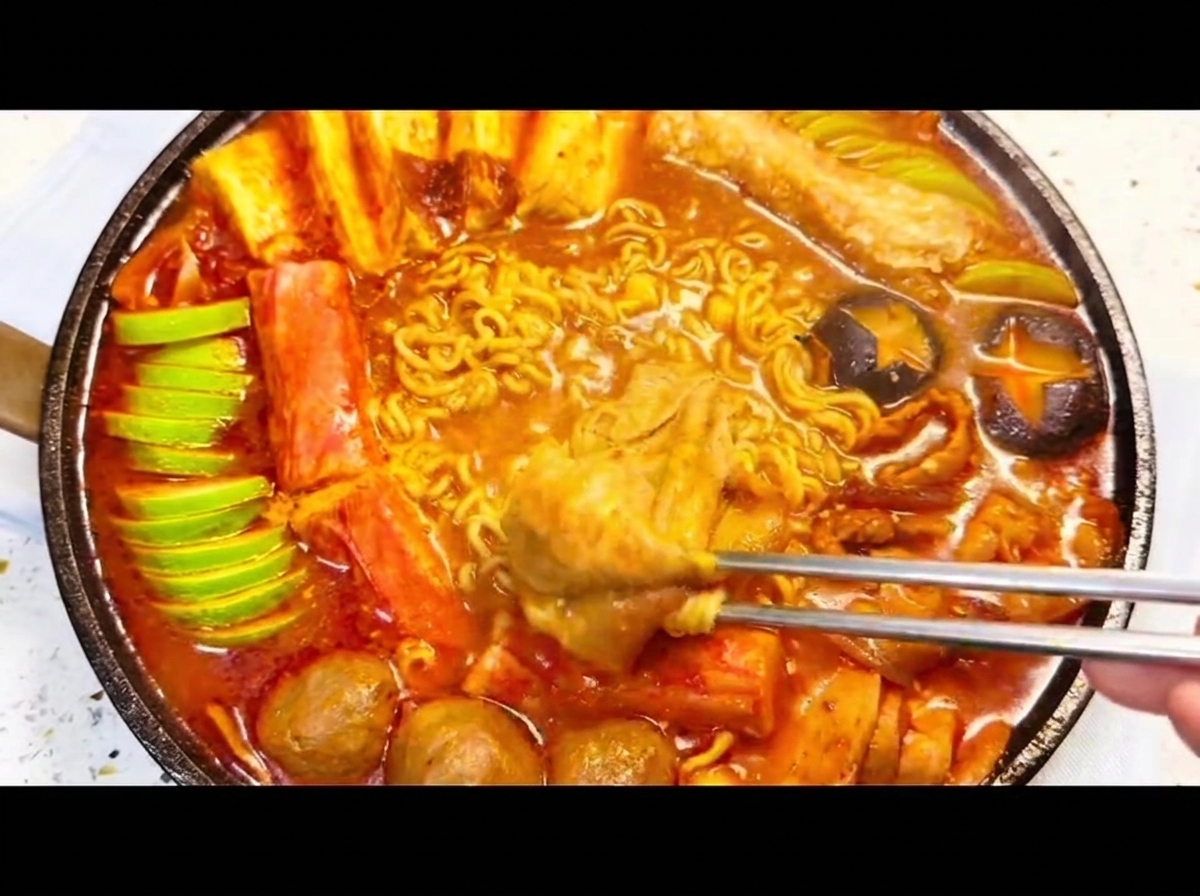 커다란 찌개 냄비 안에 두부, 애호박, 표고버섯, 미트볼, 런천미트가 보기 좋게 정돈되어 있는 모습.