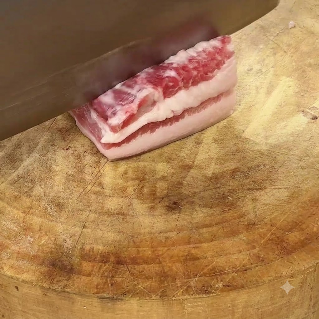 나무 도마 위에서 날카로운 칼로 생삼겹살 한 덩이를 일정한 크기로 썰고 있는 모습