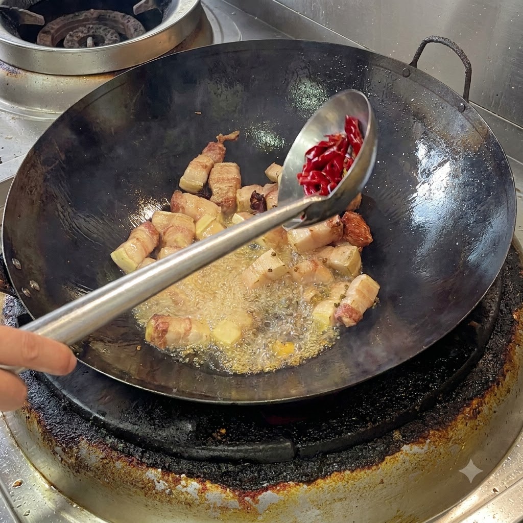 지방이 녹고 있는 삼겹살이 담긴 웍에 국자로 밝은 붉은색의 말린 고추와 화초를 넣는 모습