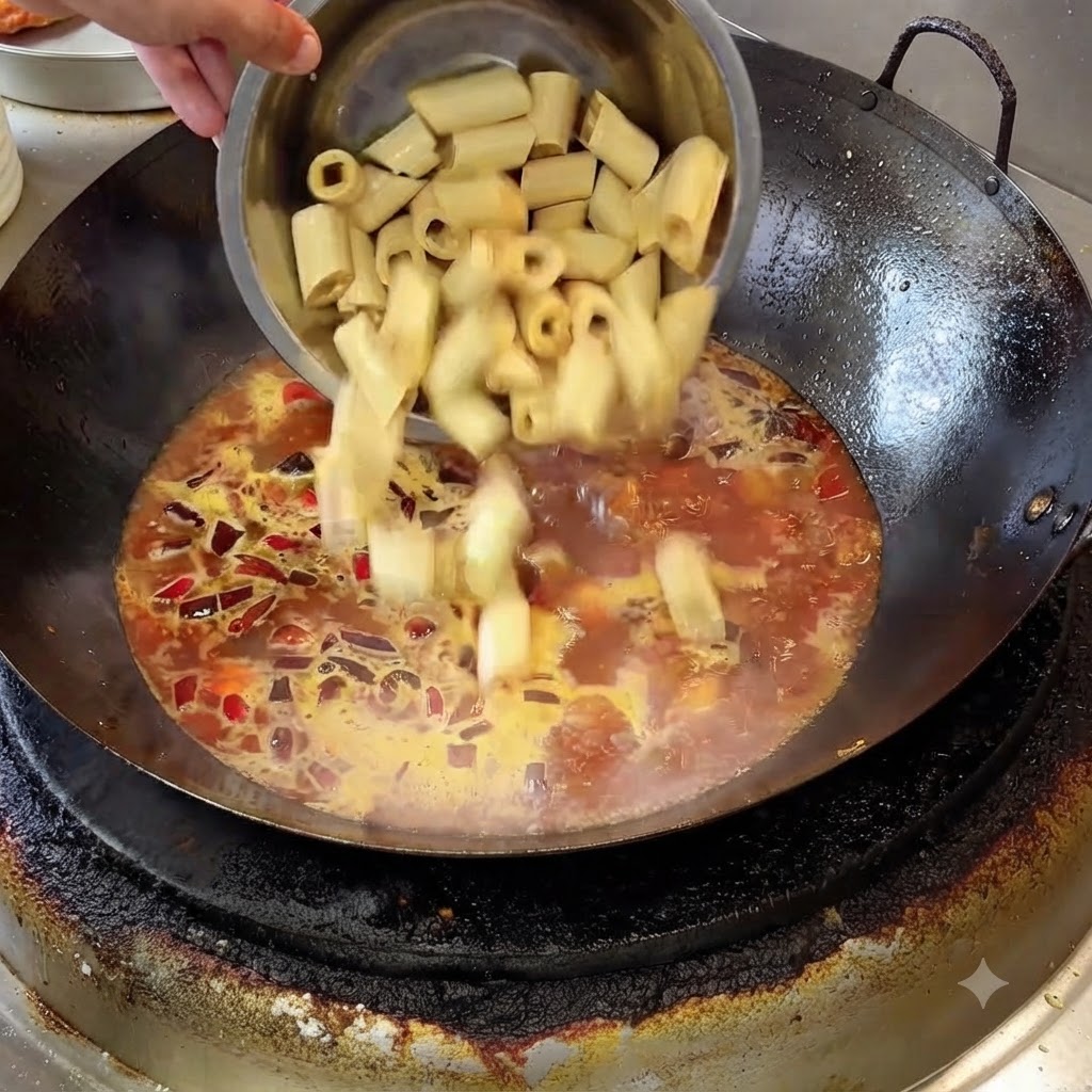 철제 볼에 담긴 썰어둔 원통형 두부피 롤을 웍 안의 보글보글 끓는 붉은 조림 국물에 붓는 모습