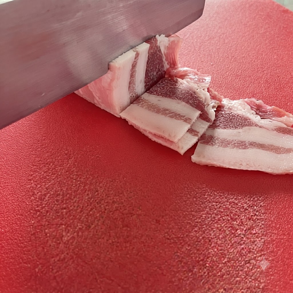 빨간 도마 위에서 1.5cm 간격으로 가지런히 썬 삼겹살