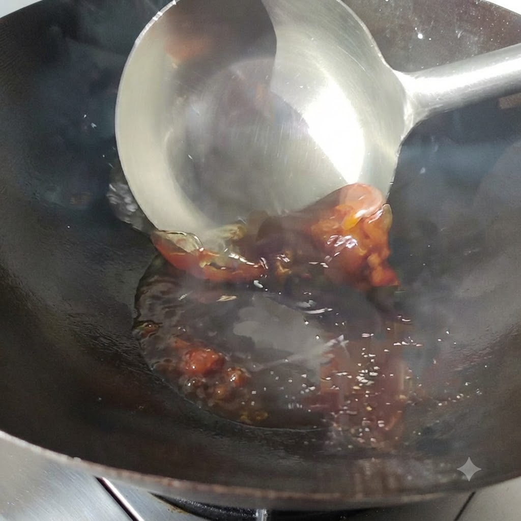 웍의 뜨거운 기름에서 지글지글 끓고 있는 두반장을 국자로 젓는 모습