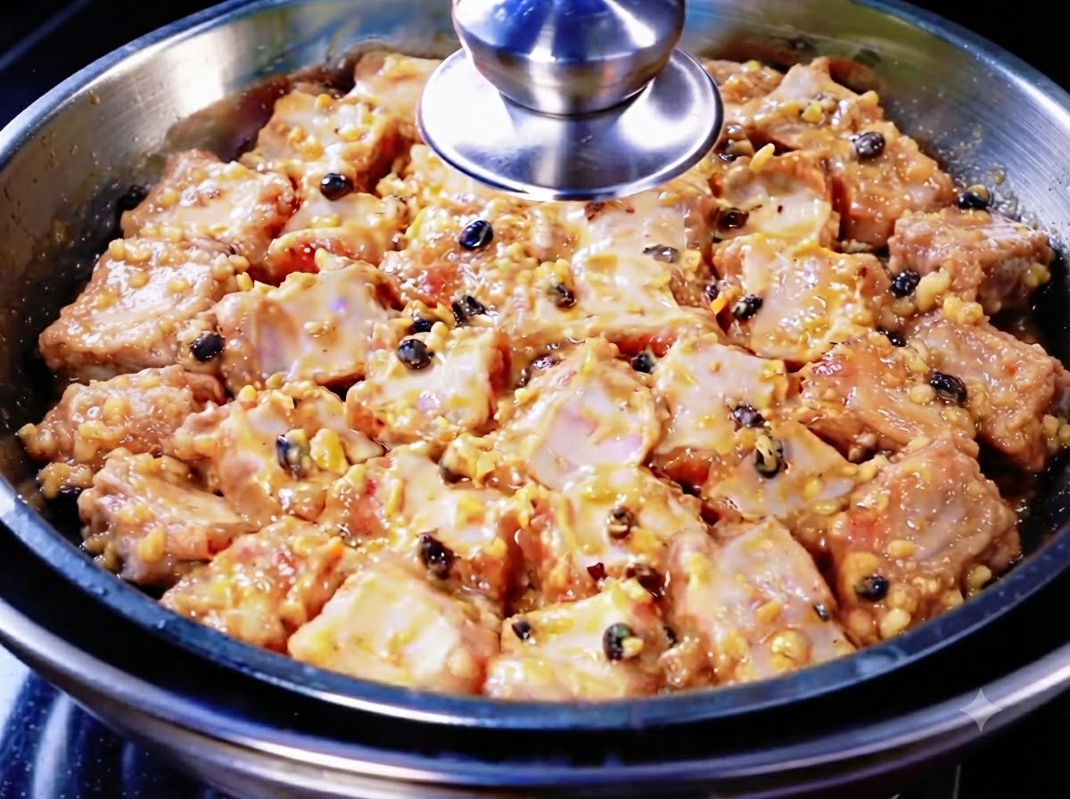 양념된 갈비 위에 마늘, 후추, 발효 블랙빈 오일 혼합물이 부어지는 모습.
