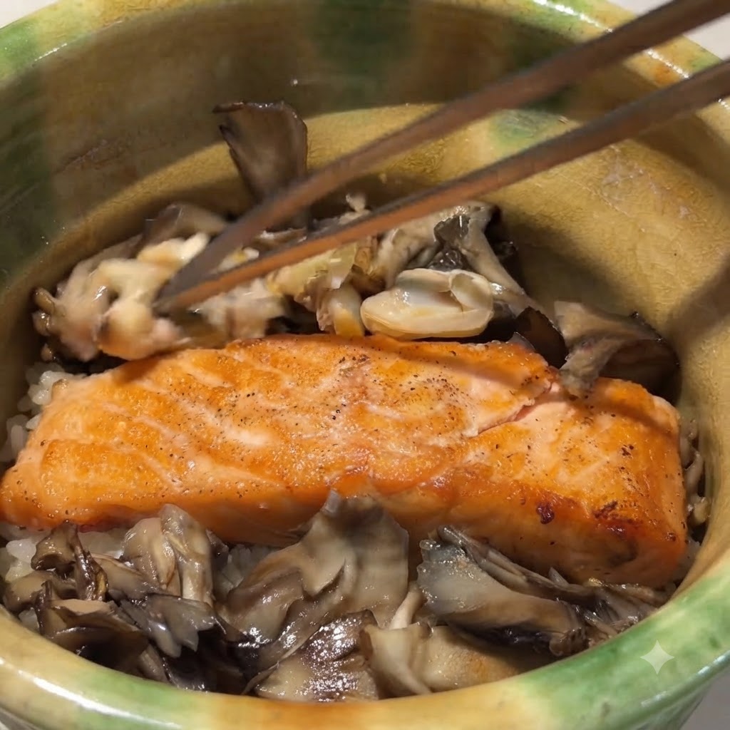 젓가락을 이용해 껍질을 깐 조개살과 초록색 셀러리 싹을 요리 위에 얹는 모습.