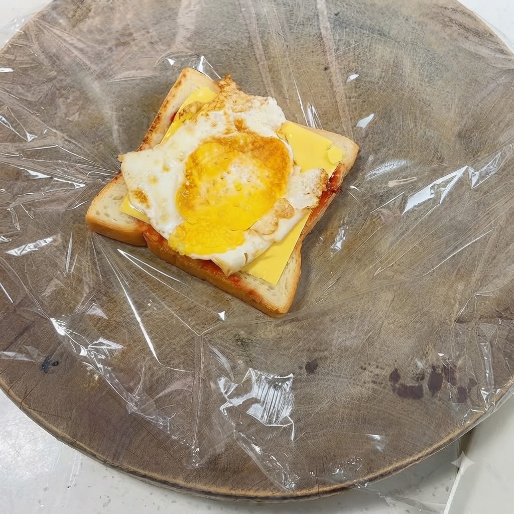 토스트에 올려진 노란 치즈 슬라이스 위에 얹혀진 계란 프라이.