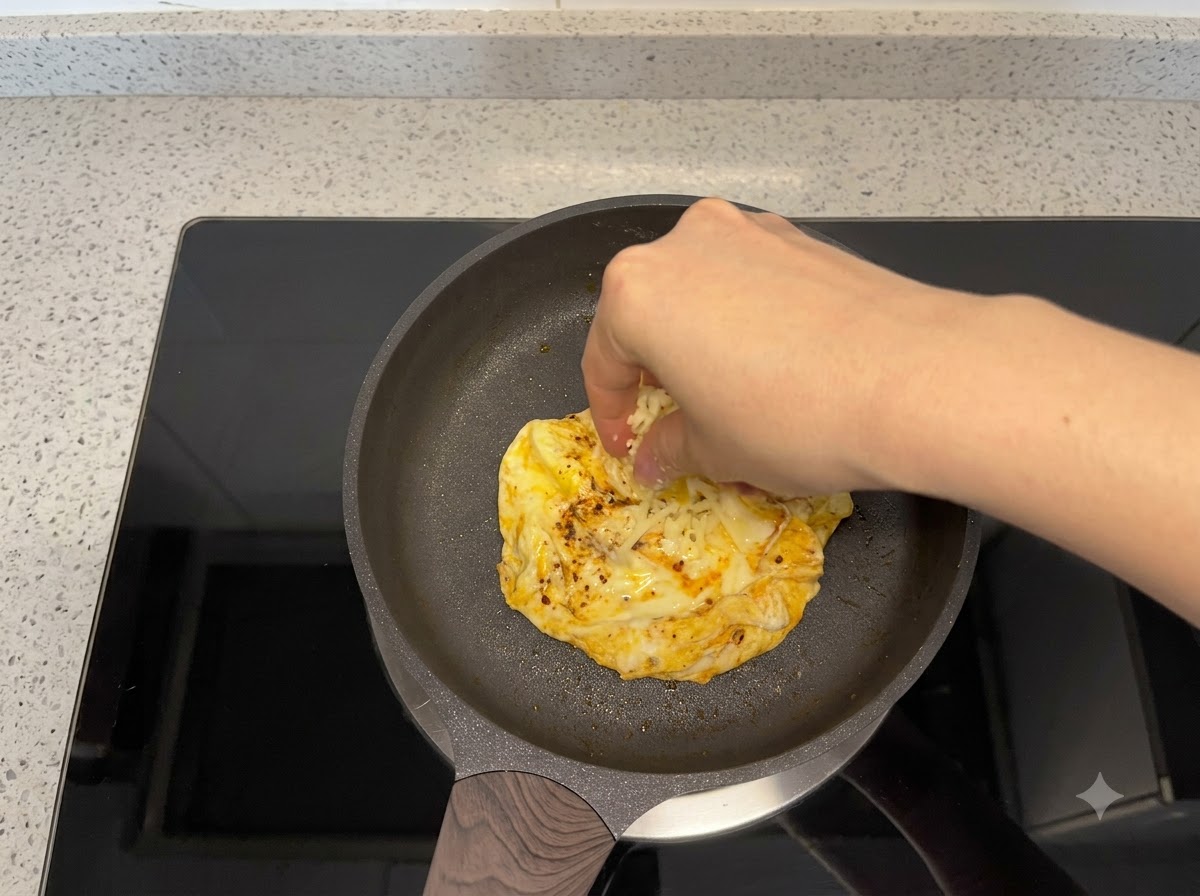 팬에 익고 있는 달걀 위에 채썬 치즈를 뿌리는 모습.