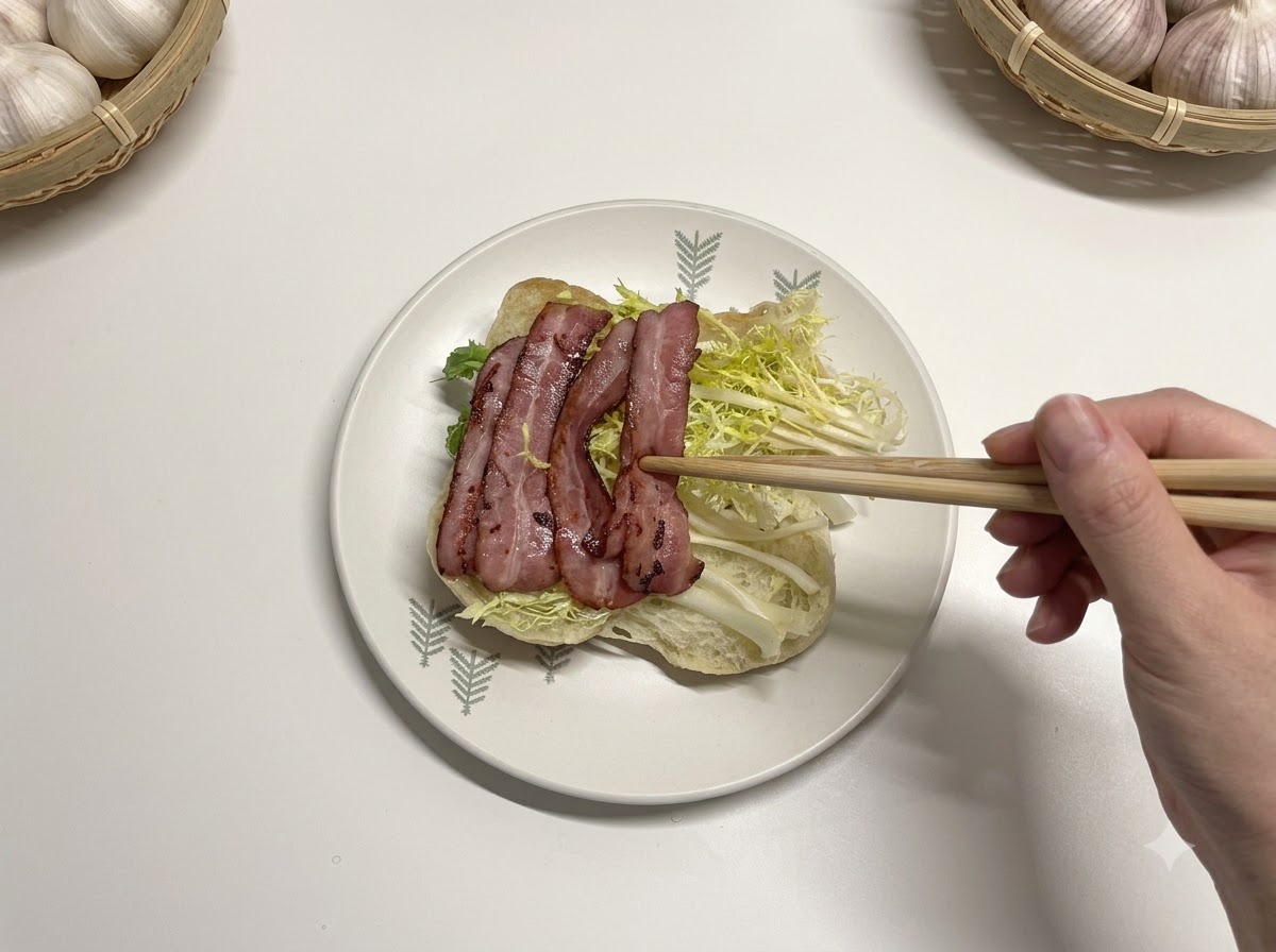 치아바타 샌드위치 안에 구운 베이컨과 속 재료가 정돈된 모습.