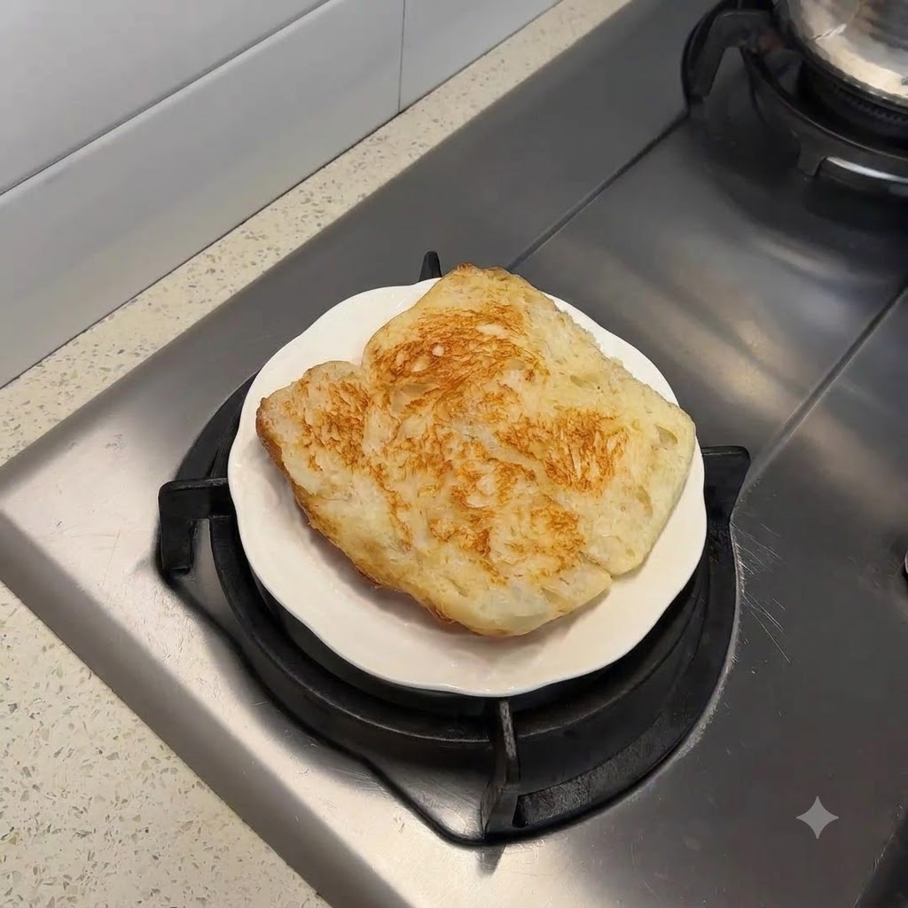 구운 치아바타 조각의 소스가 발라진 표면 위에 신선한 초록색 상추 잎을 올리는 모습.