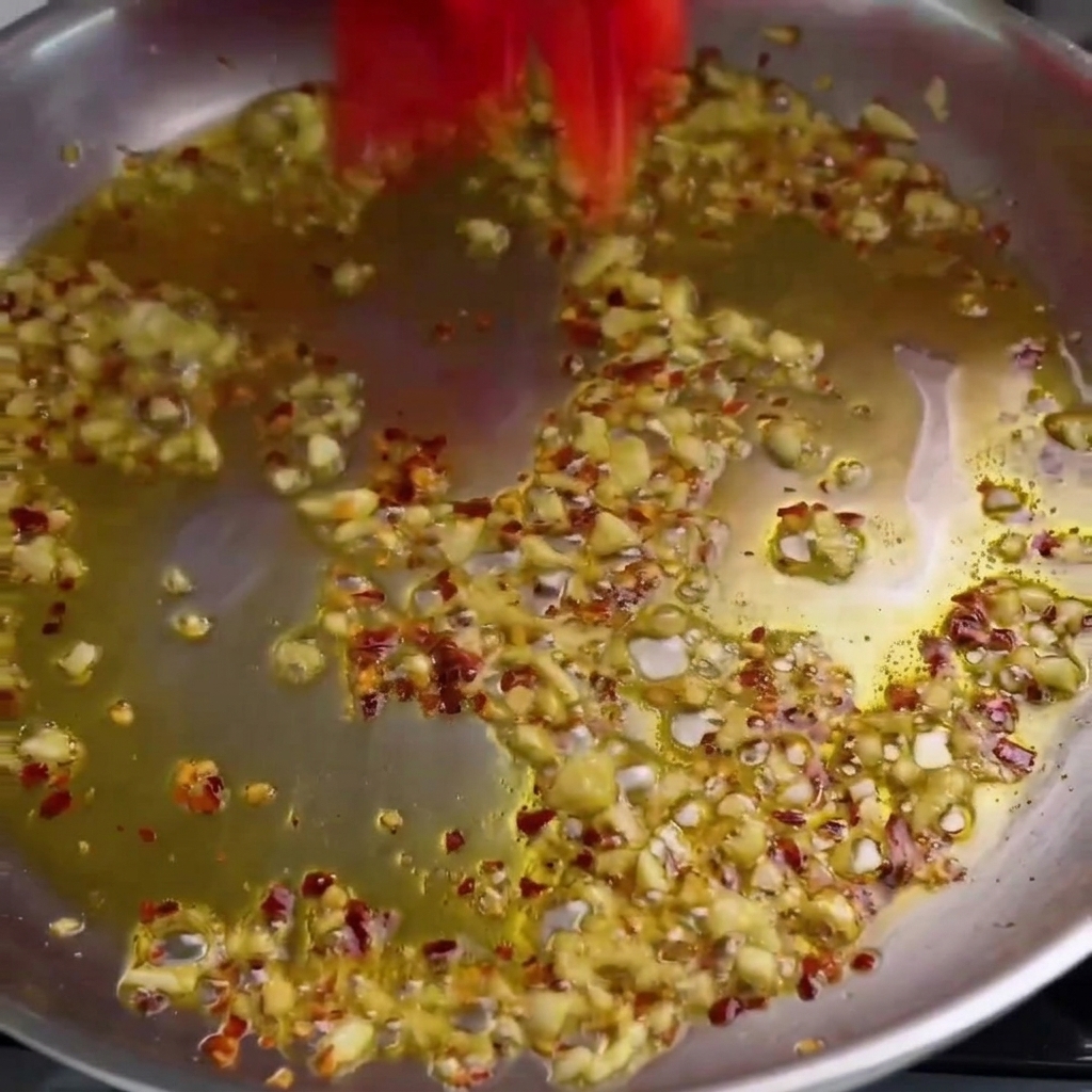 마늘과 오일이 있는 프라이팬에 반으로 자른 체리 토마토를 넣는 모습.