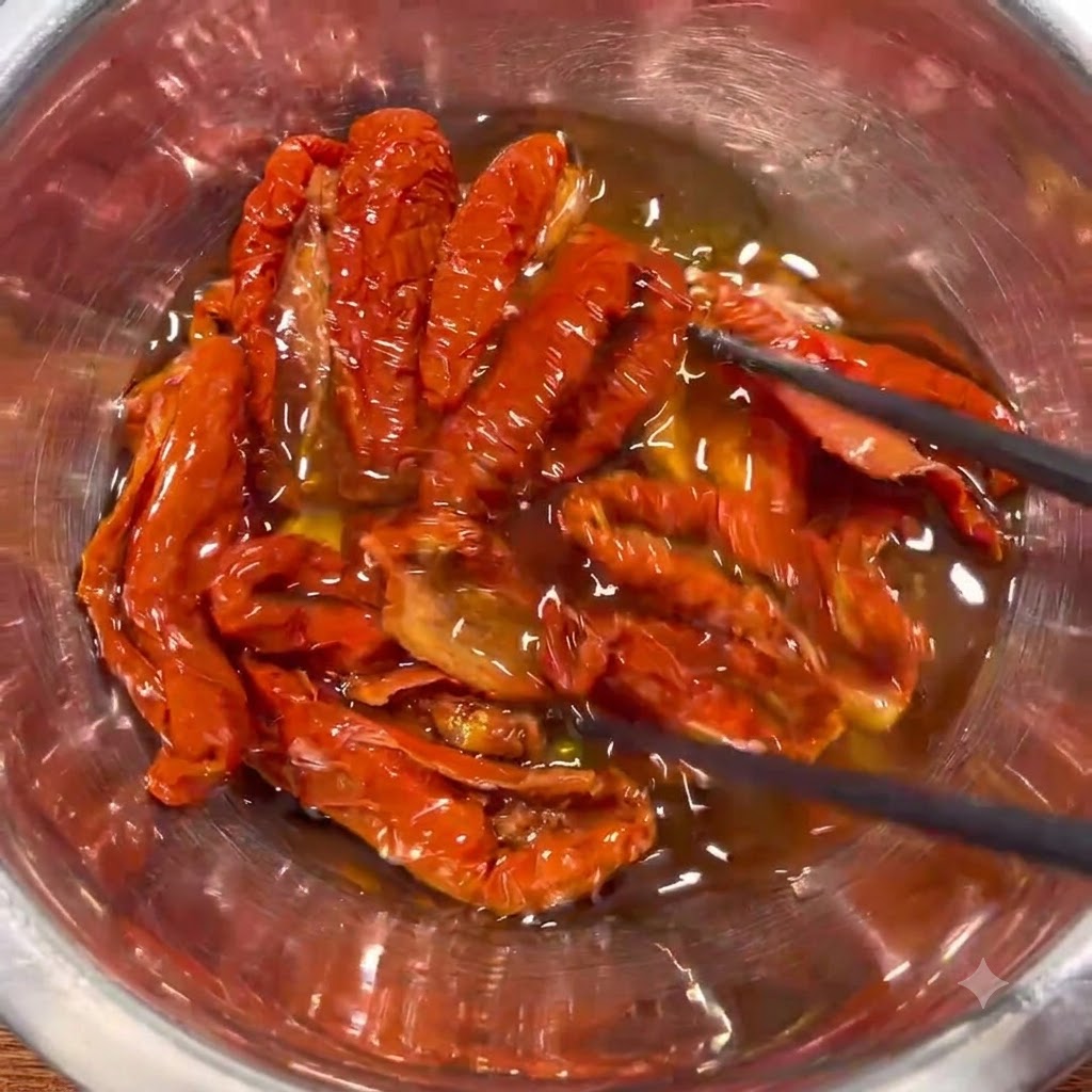 검은색 젓가락으로 저어주며 스테인리스 스틸 볼 안의 오일에 담겨 있는 선드라이 토마토.