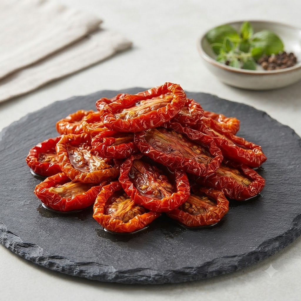 스푼 위에 얹어진 으깬 선드라이 토마토 페이스트로, 부드럽고 선명한 붉은 질감을 보여줍니다.