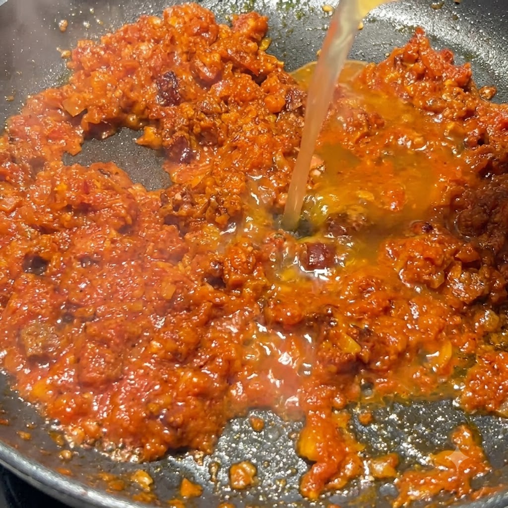 토마토와 초리조 소스가 졸아드는 팬에 닭 육수를 붓는 모습.