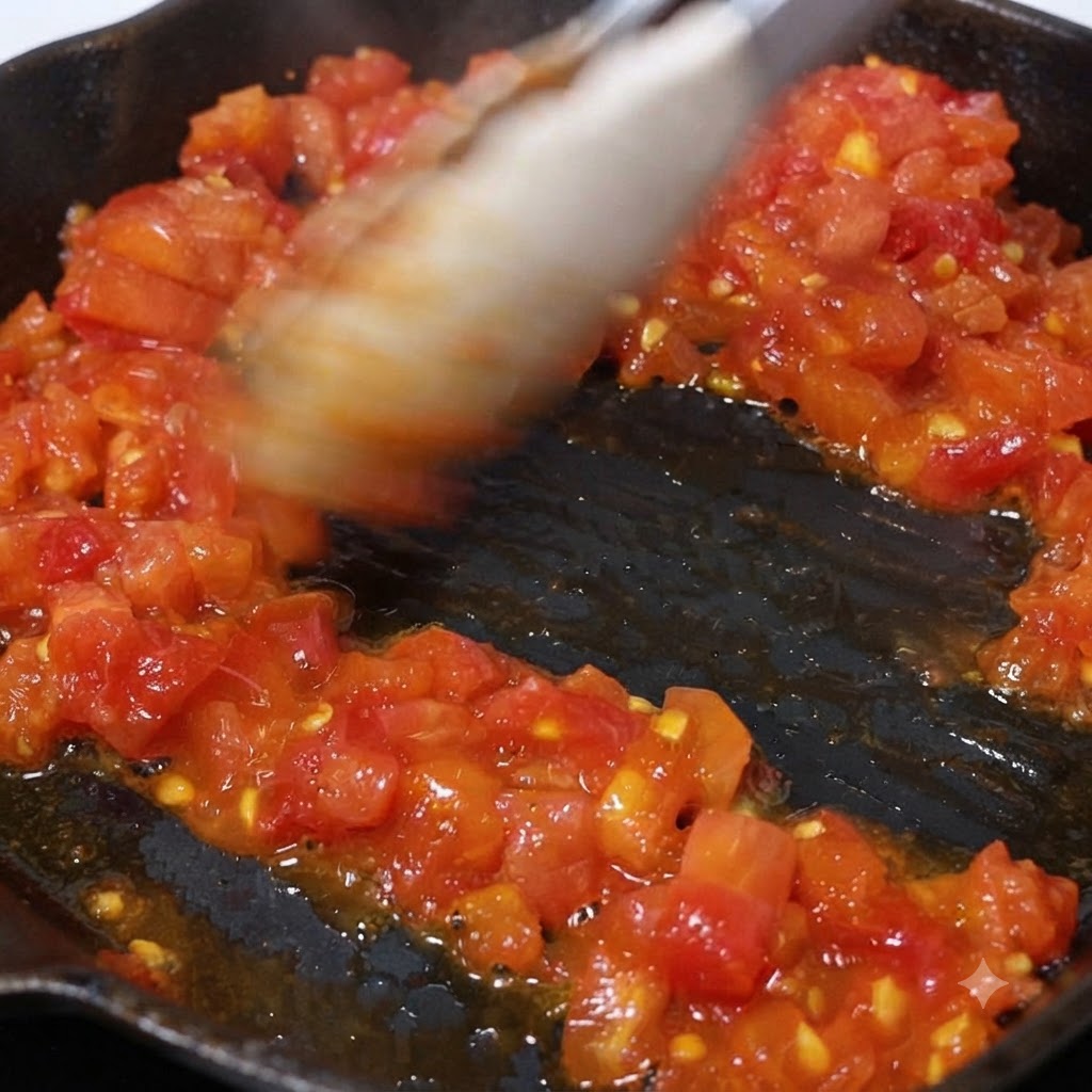 기름을 두른 프라이팬에서 잘게 썬 토마토가 끓으며 부드러워지는 모습.