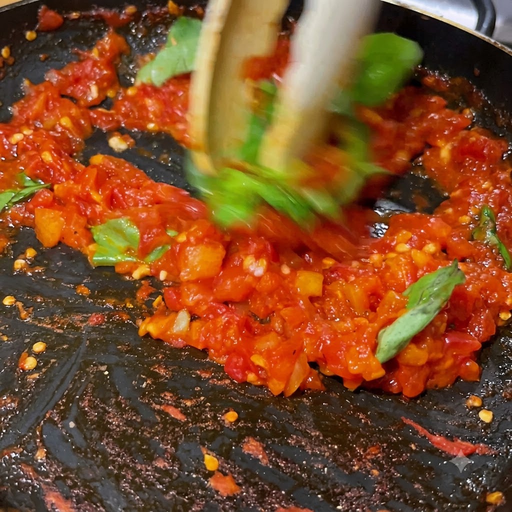 팬 안의 생생한 붉은 토마토 소스에 신선한 바질 잎을 넣어 섞고 접는 모습.
