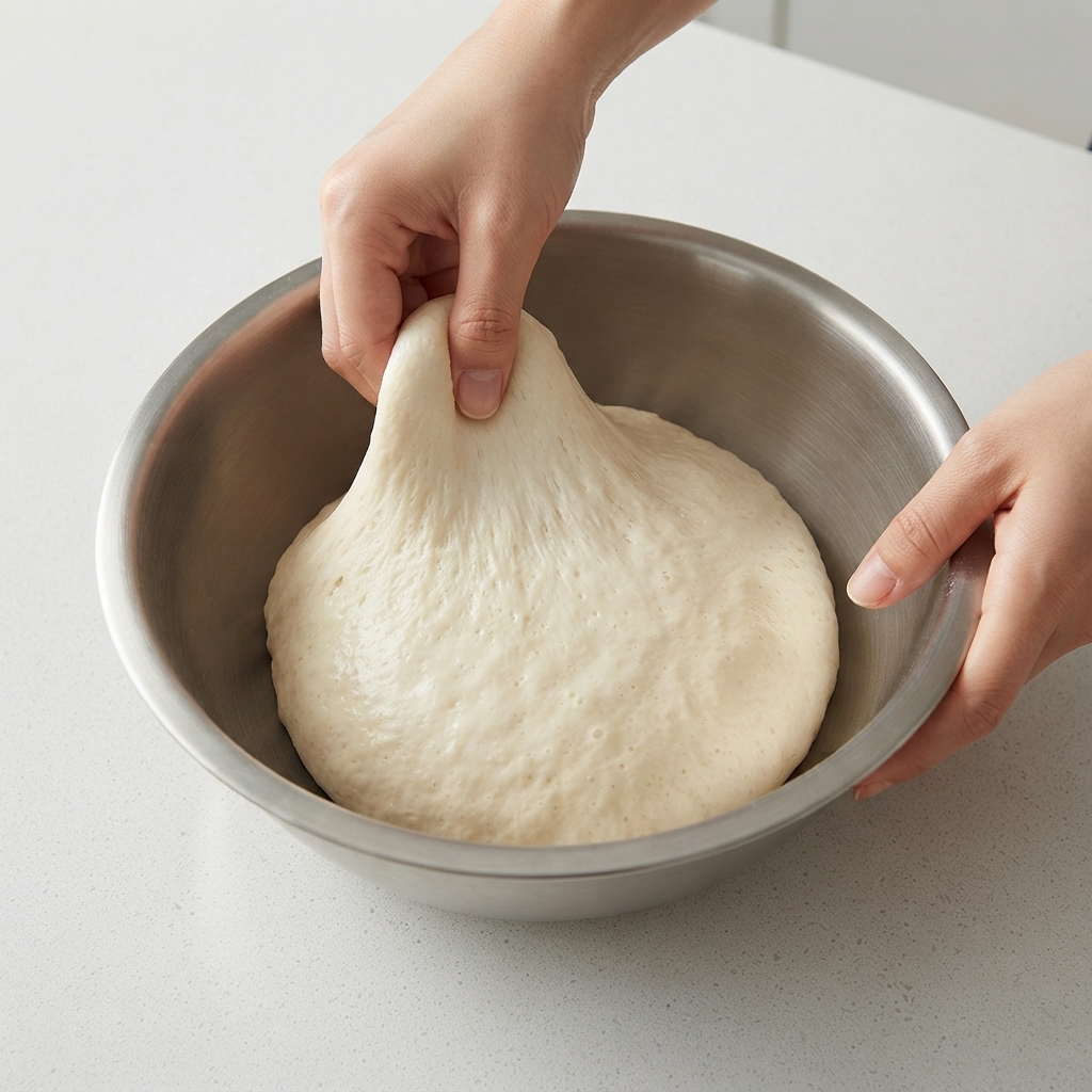 볼 안의 반죽을 한쪽 끝에서 잡아당겨 중앙으로 접어 넣는 모습.