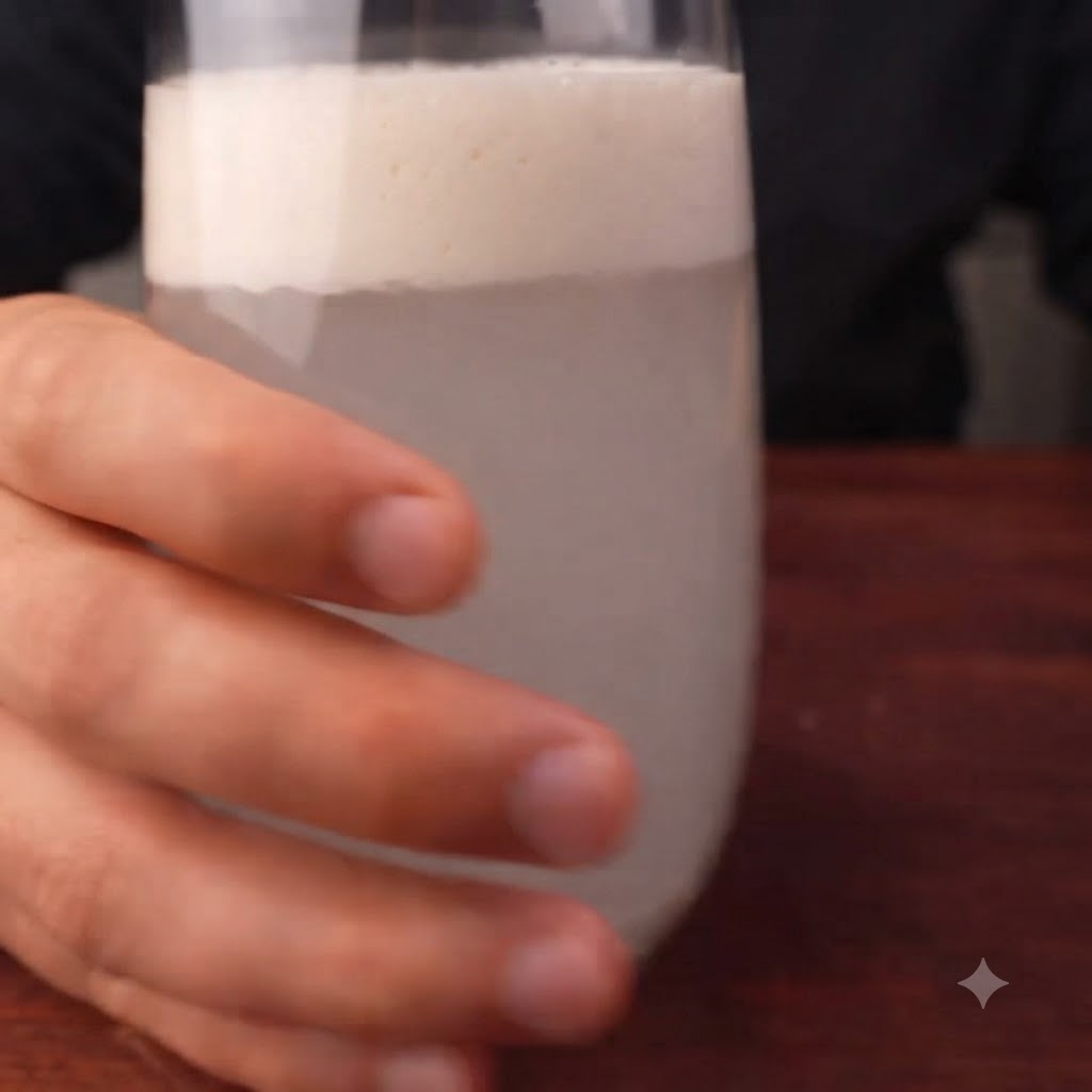 거품이 일어난 활성화된 이스트 혼합물이 유리잔에서 흰 밀가루가 담긴 믹싱 볼로 부어지는 모습.