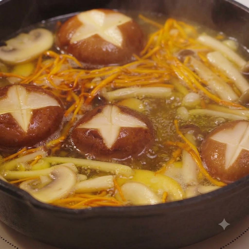 끓고 있는 버섯 육수 팬에 숟가락으로 진간장을 넣고 있는 모습.