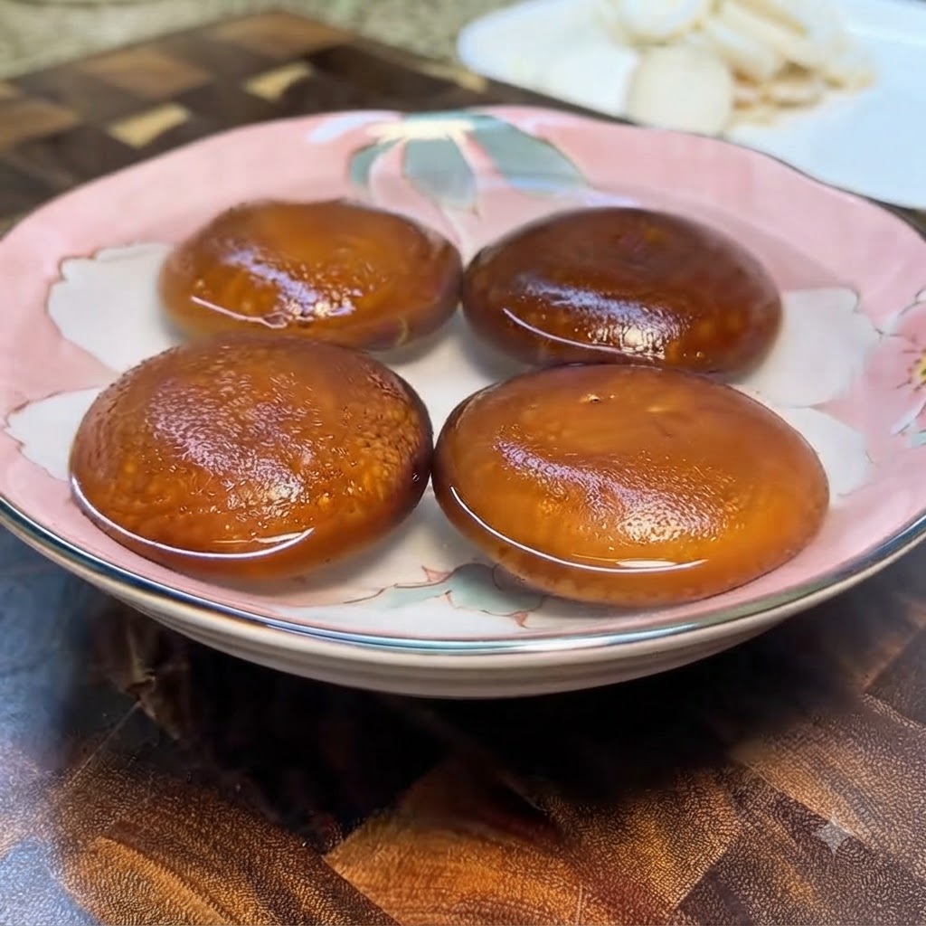 꽃무늬 접시 위에 표면을 예쁘게 칼집 내어 진열한 통 표고버섯들.